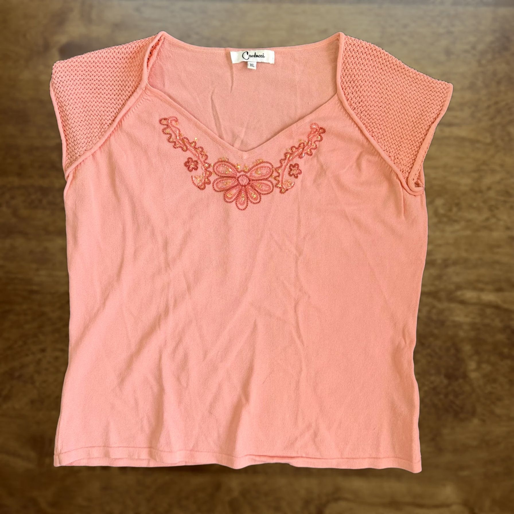 Pinko Carducci Blouse Womens XL Pink V Neck Crochet Cap Sleeve Embroidered Knit Top Size XL / US 12-14 / IT 48-50 - 1 Thumbnail