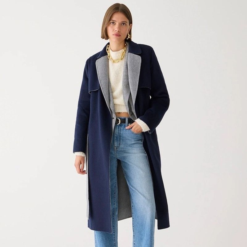 J.Crew Harriet Trench Navy Grey Large Double Faced Wool New in Blue, Women's