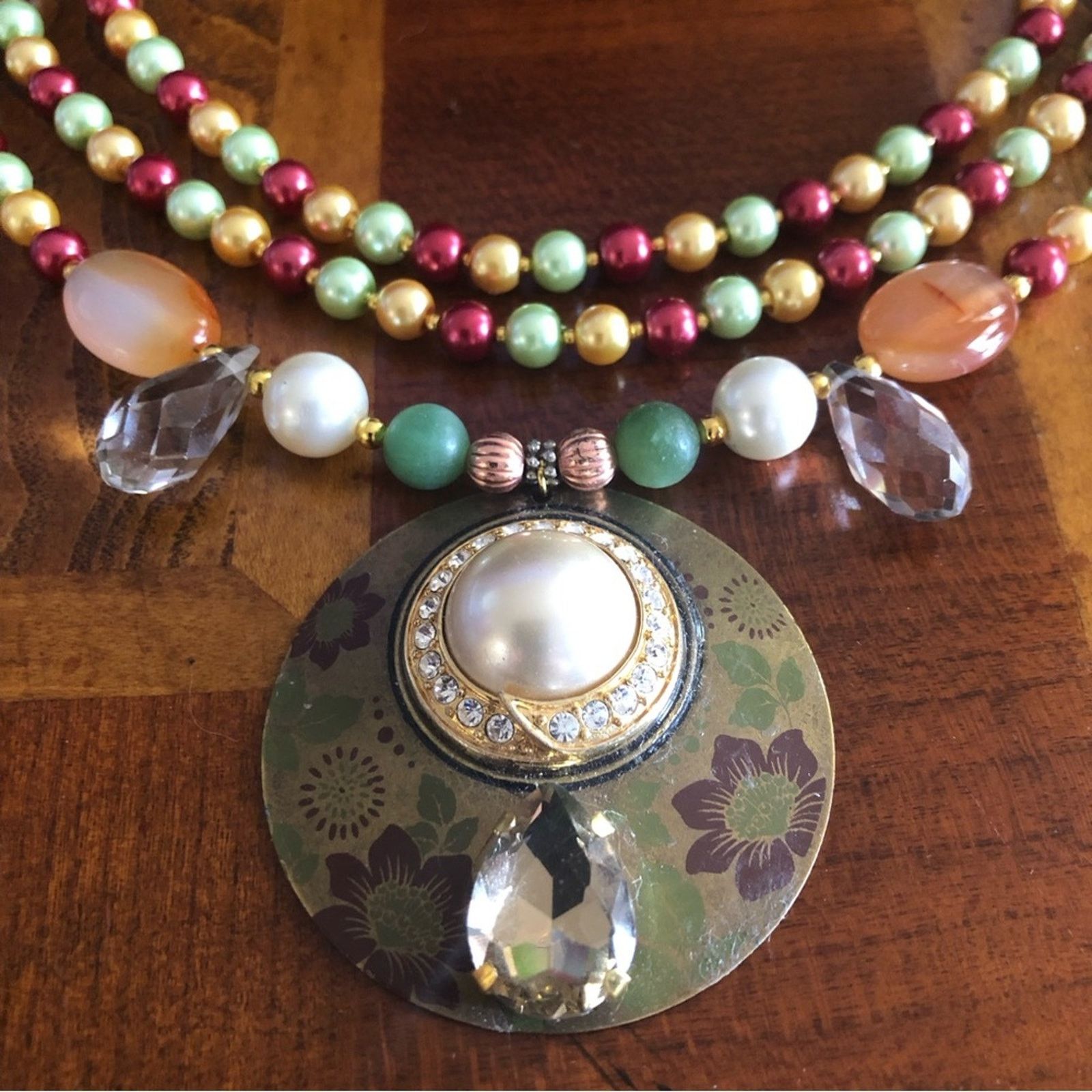 Handmade Handcrafted repurpose large amulet pendant Pearl necklace Size ONE SIZE - 10 Thumbnail