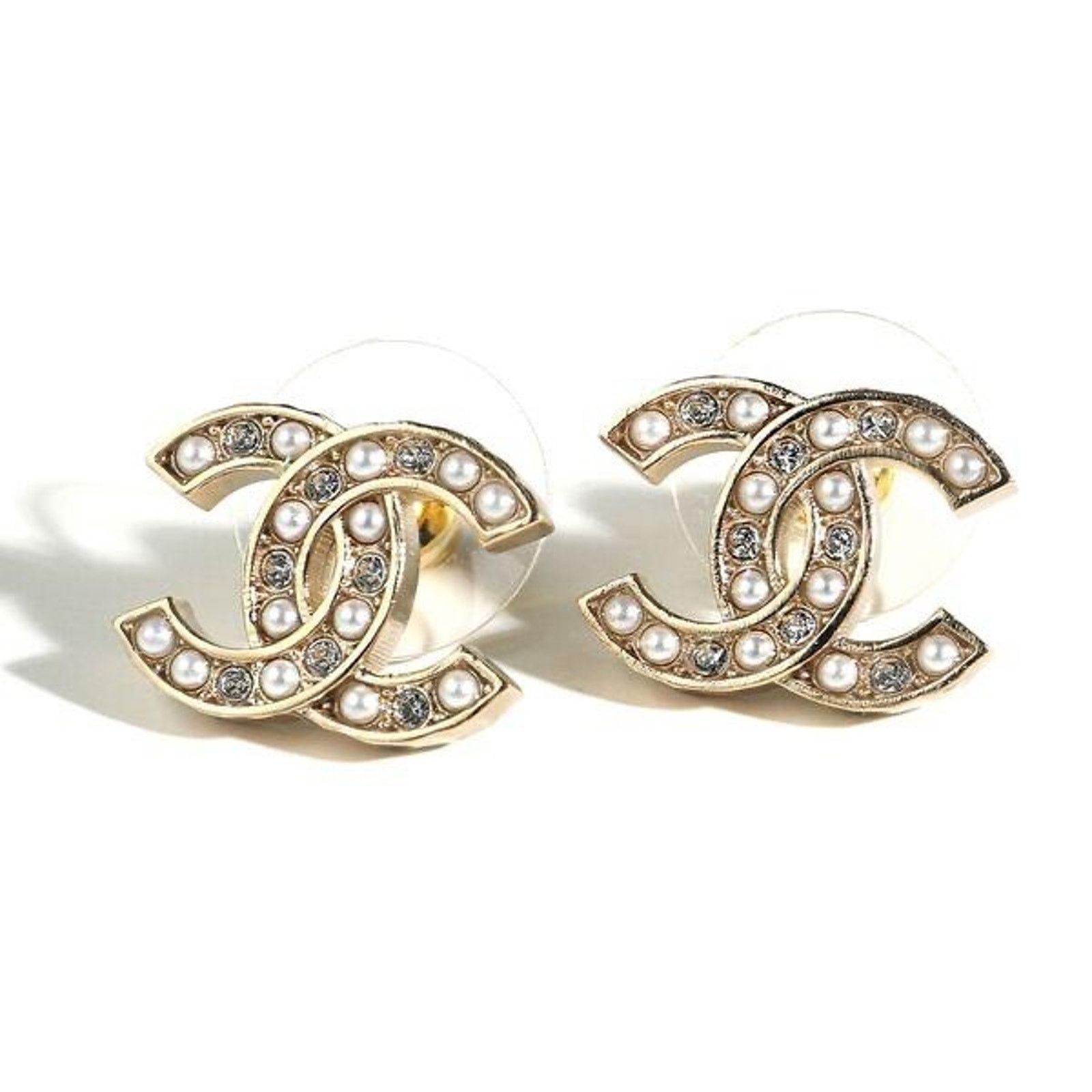 Chanel Chanel Gold Pearl White Crystal Statement Stud Earrings Size ONE SIZE - 1 Thumbnail