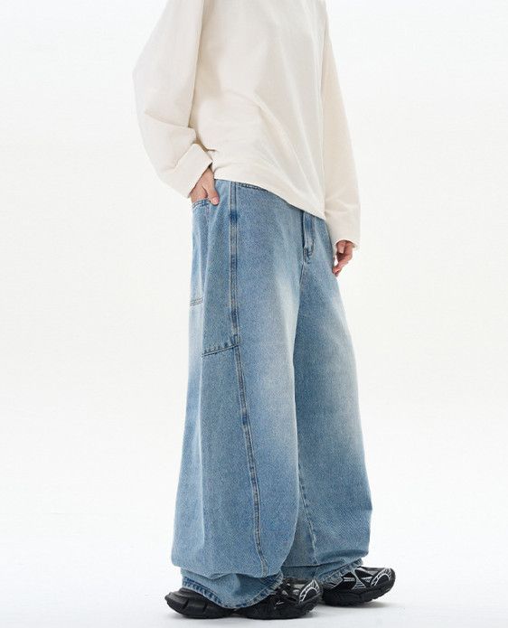Japanese Brand Retro street wide-leg patchwork curved blade jeans for men Size US 32 / EU 48 - 3 Thumbnail