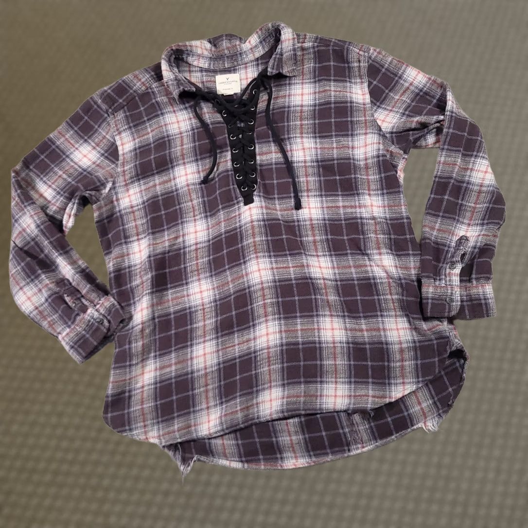 American Eagle Outfitters VINTAGE American Eagle Flannel Shirt Women’s XL Oversized Fit Distressed Lace Up Gray Size XL / US 12-14 / IT 48-50 - 1 Thumbnail