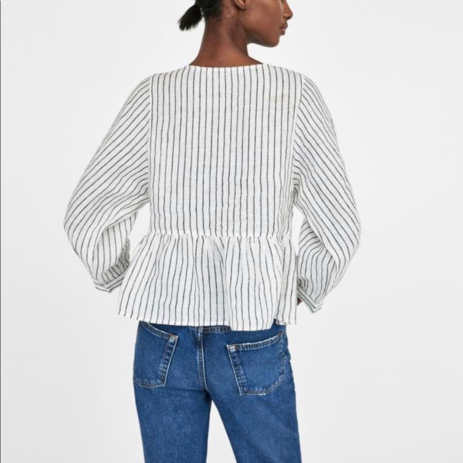 Zara Zara Embroidered Linen Pompom Peplum Top Striped Boho Size S / US 4 / IT 40 - 2 Thumbnail