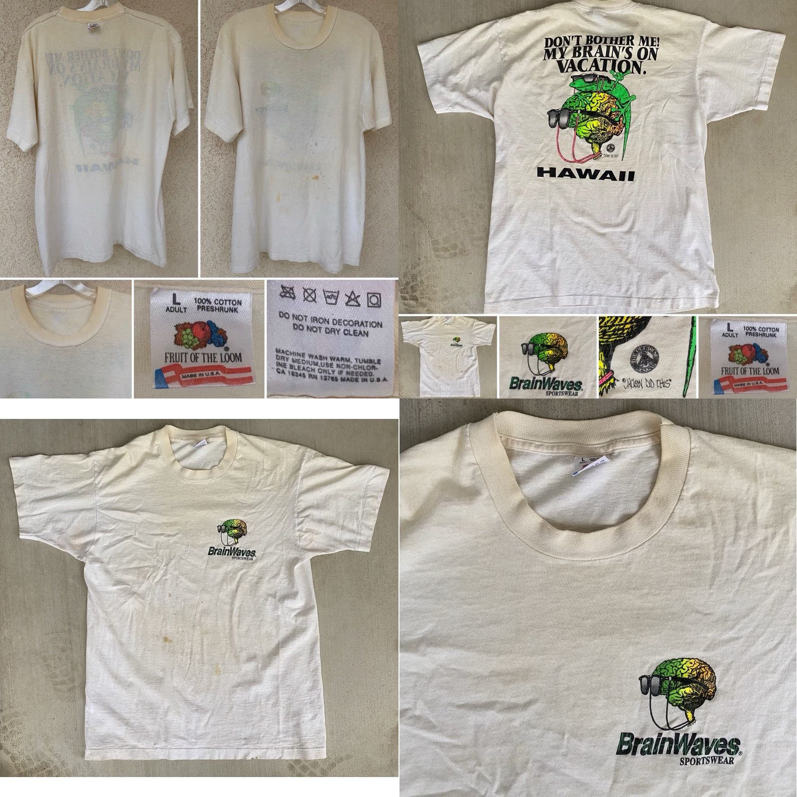 Fruit Of The Loom VINTAGE Brainwaves Hawaii Gecko T Shirt Mens L White Neon 90s Graphic Size US L / EU 52-54 / 3 - 8 Thumbnail