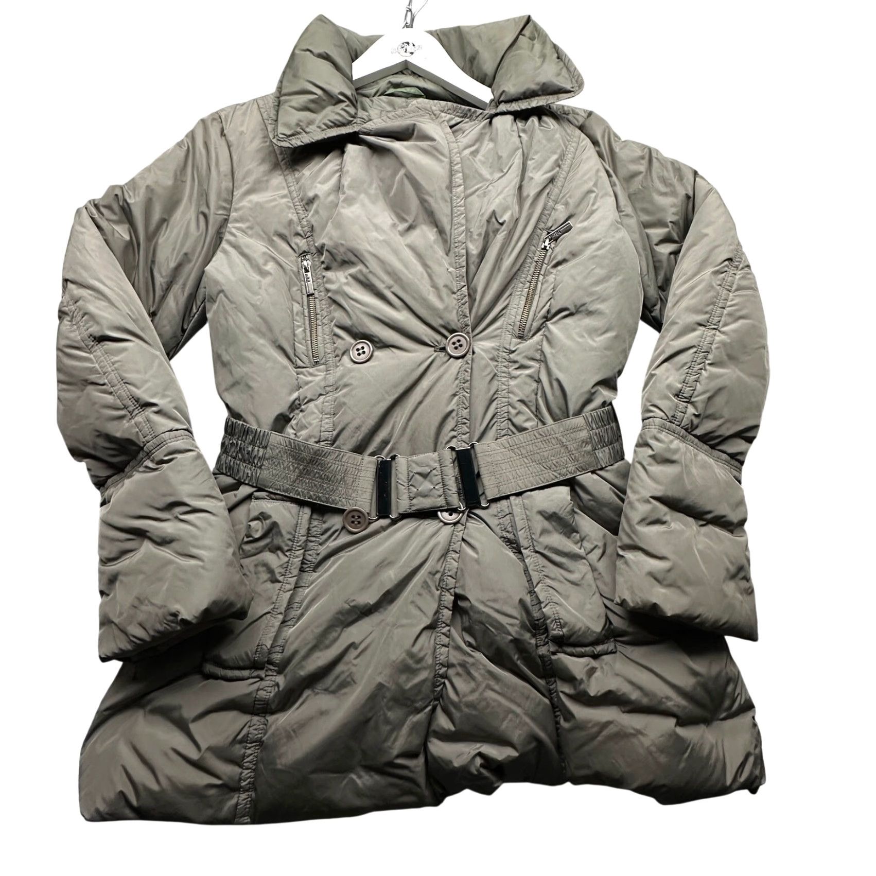 Add add Goose Down Puffer Coat Jacket Womens Large 8 Gray Belted Long Zip Pockets Winter Travel Casual Long Sleeve Mens Womens Boys Girls Size L / US 10 / IT 46 - 2 Thumbnail