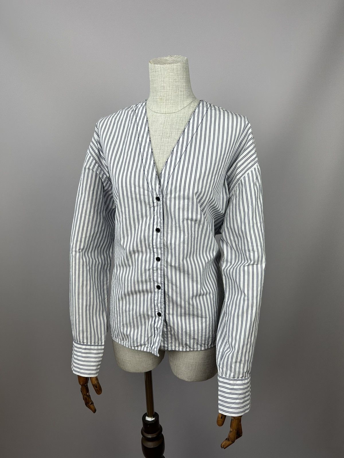Designer × Sandro Sandro White Blue Striped Pinstripe Cotton V Neck Shirt M Size M / US 6-8 / IT 42-44 - 4 Thumbnail