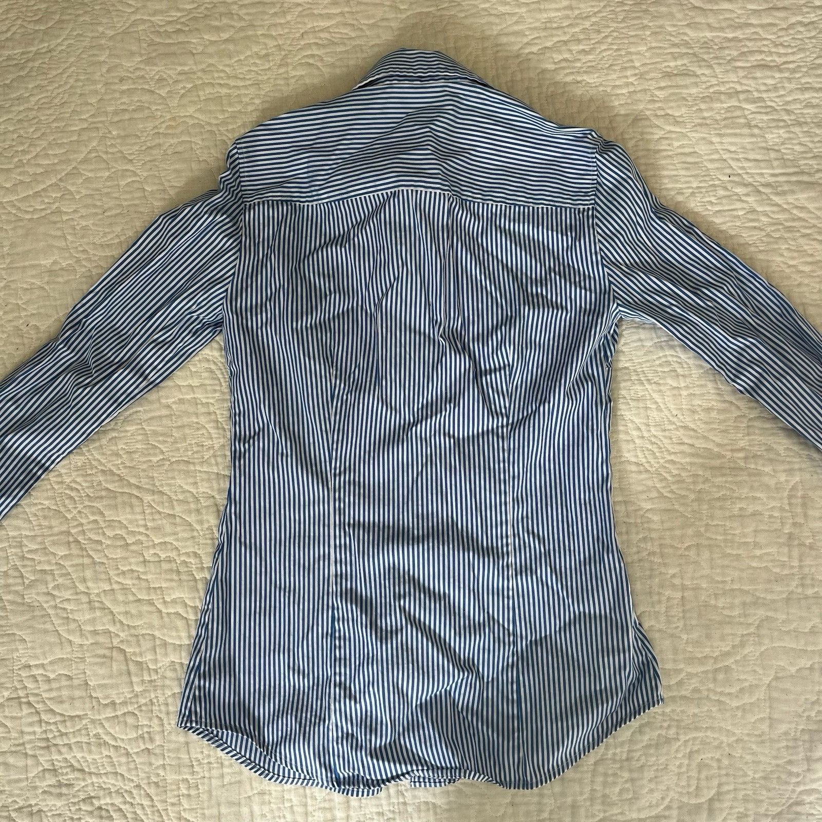 J.Crew J Crew Stretch Perfect Top Blue White Stripe Button Up Long Size XXS / US 00 / IT 34 - 6 Thumbnail