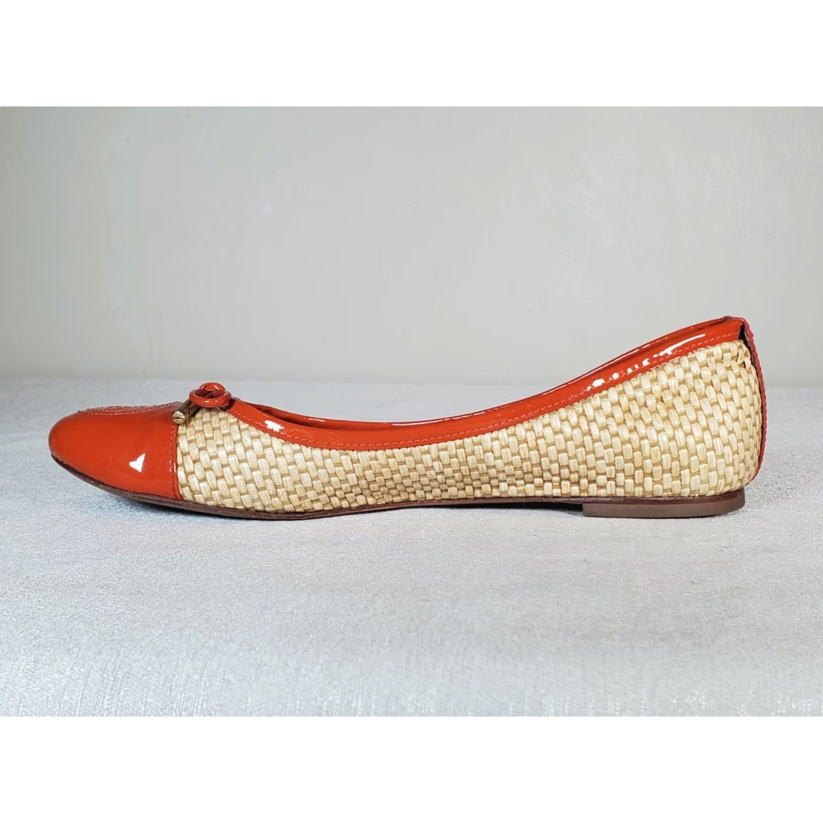 Tory Burch Tory Burch Catherine Cap Toe Raffia Patent Ballet Flats Orange Bow Women's US 8 Ballet Flat M Size ONE SIZE - 3 Thumbnail