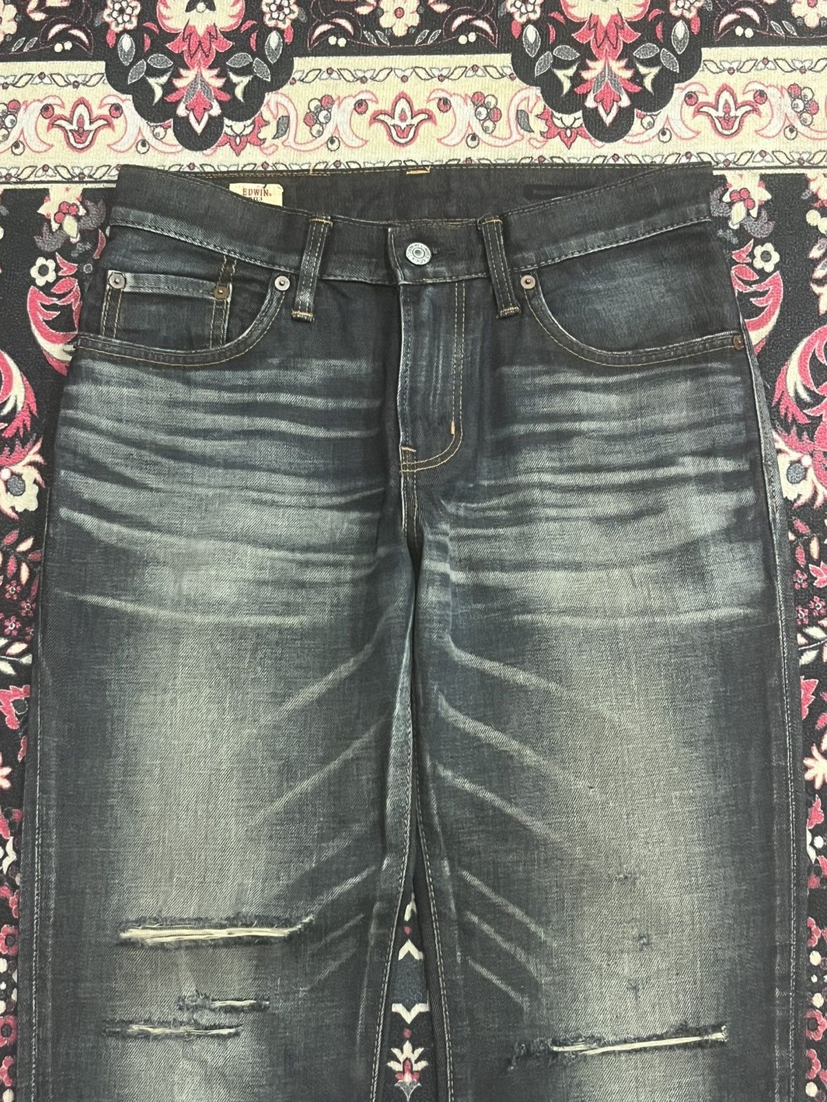 Edwin Vintage Edwin Japan Dark Faded Narrow Straight Ripped Jeans Size 28" / US 6 / IT 42 - 4 Thumbnail
