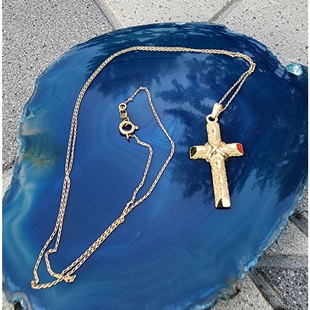 Vintage ACO 14K Yellow Gold Diamond Cut Cross Pendant Link Necklace Size ONE SIZE - 12 Thumbnail