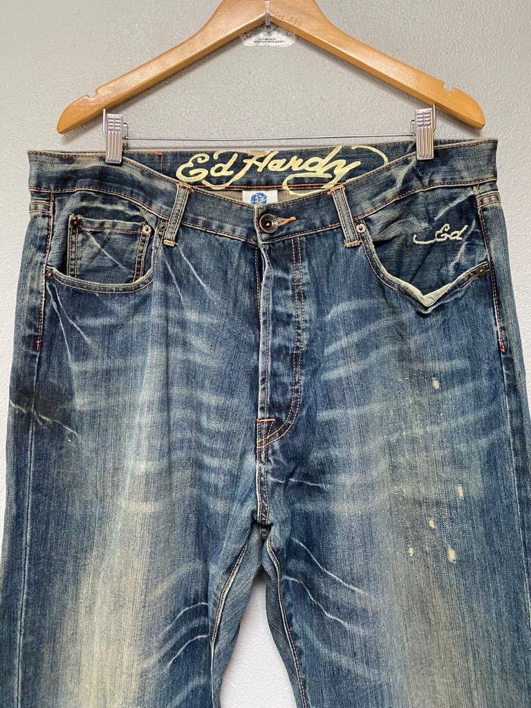 Christian Audigier × Ed Hardy × If Six Was Nine Ed Hardy baggy jeans big logo paint Size US 37 - 6 Thumbnail