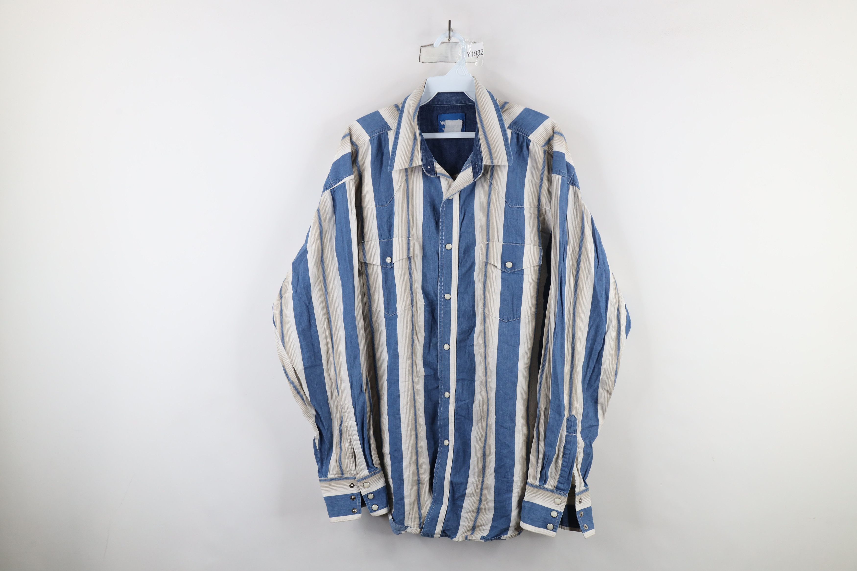 Vintage × Wrangler Vintage 90s Wrangler Striped Western Snap Button Shirt Blue Size US XXL / EU 58 / 5 - 1 Thumbnail