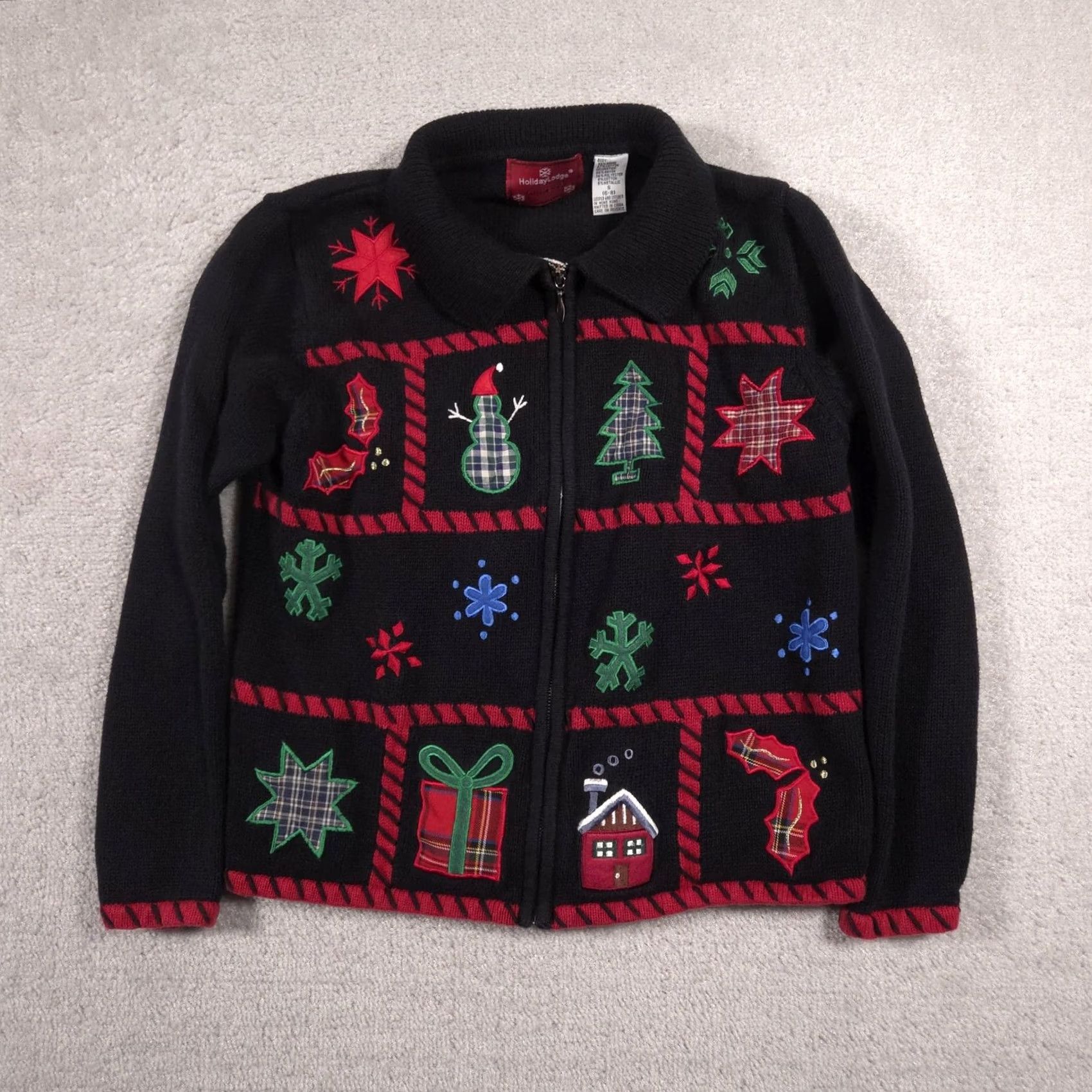Vintage HolidayLodge by Northcrest Sweater Womens S Black Full Zip Christmas Patchwork Size S / US 4 / IT 40 - 2 Thumbnail