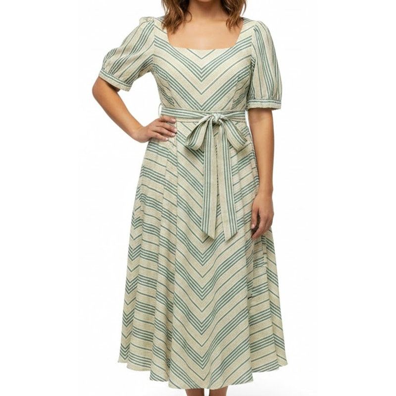 Other New York & Co Green Chevron Linen Puff Sleeve Dress sz S NEW