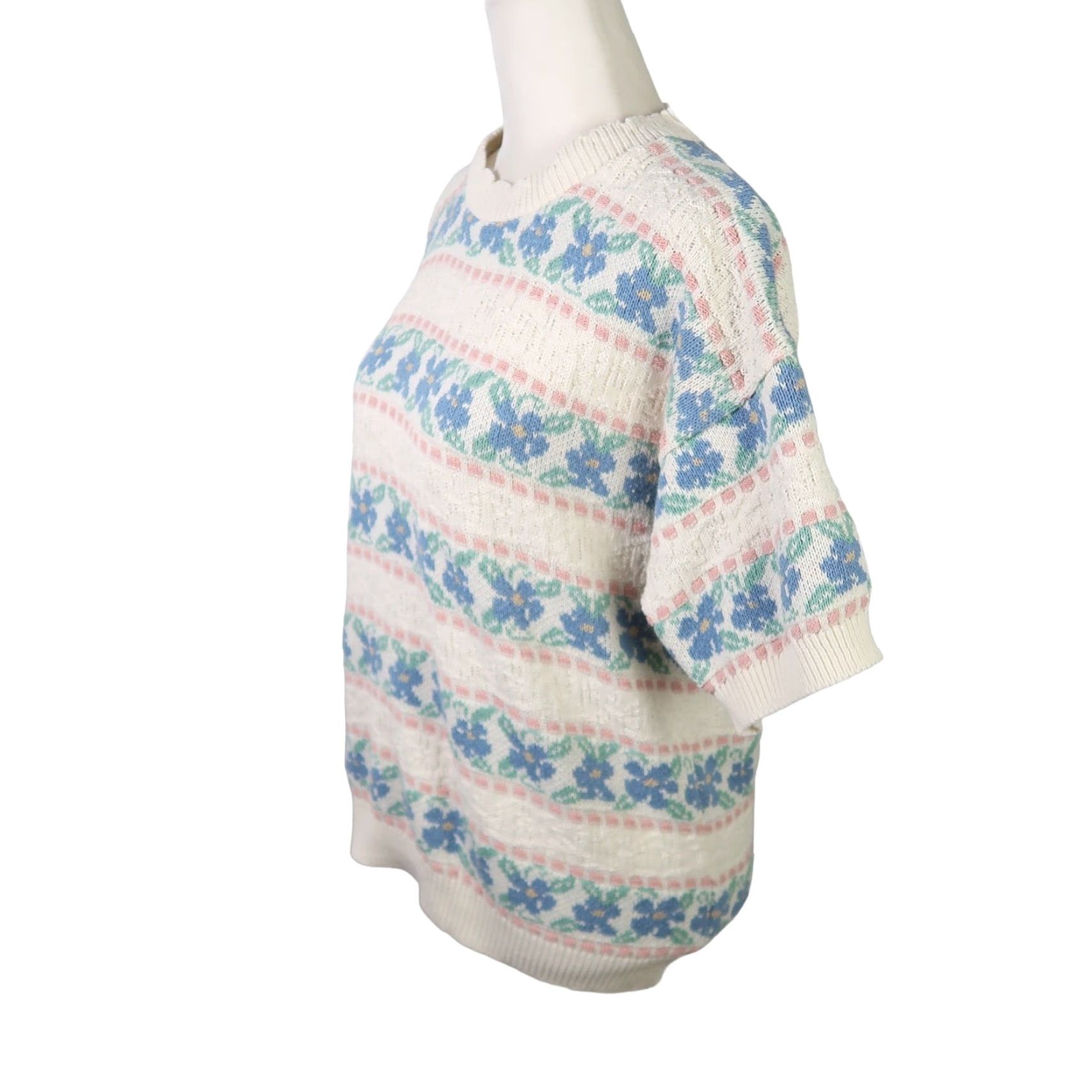 Vintage VINTAGE 80s Cape Cod Cream Blue Floral Stripe Short Sleeve Knit Sweater M Womens Size M / US 6-8 / IT 42-44 - 3 Thumbnail