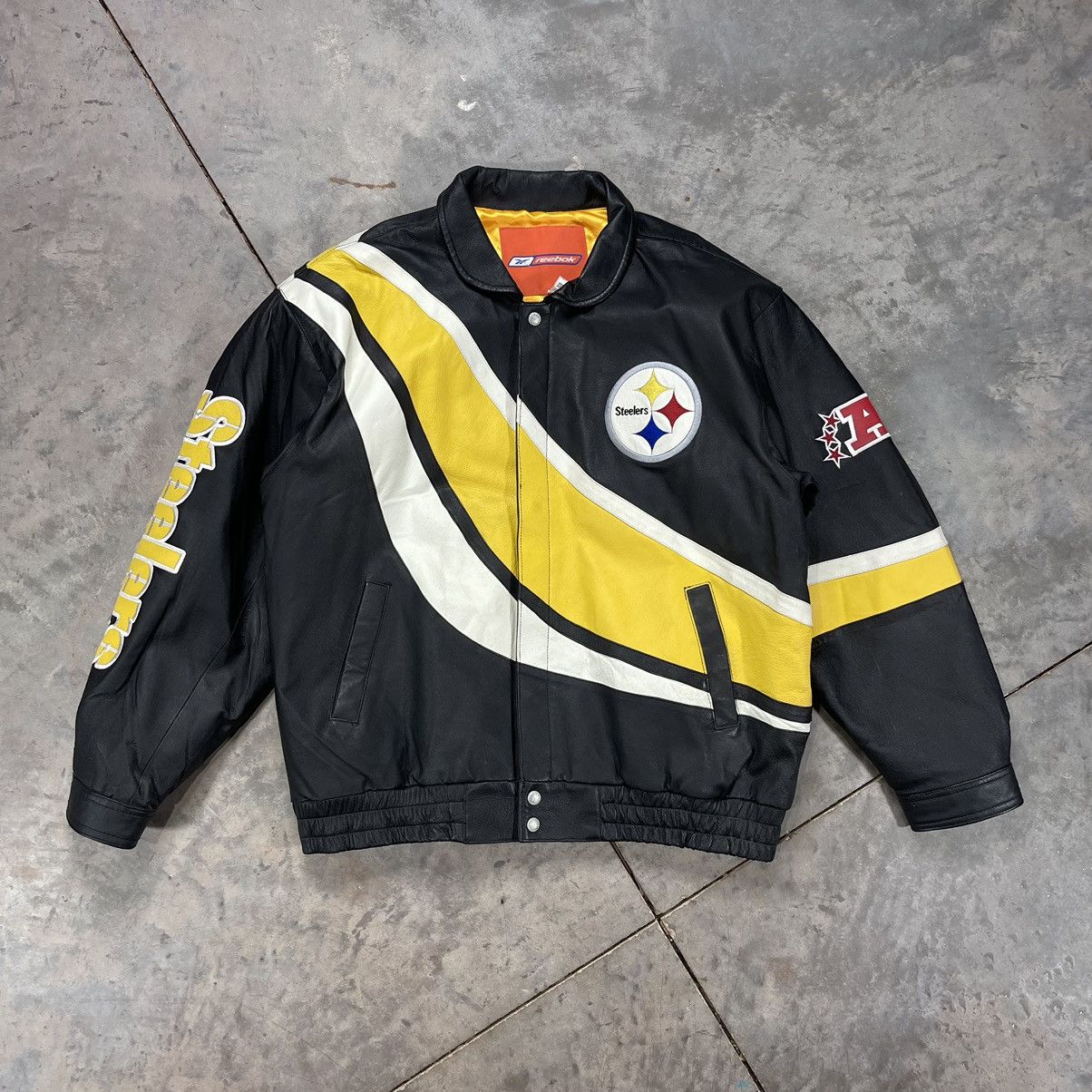 image of Nfl x Reebok Vintage Pittsburgh Steelers Leather Jacket Jeff Hamilton in Black, Men's (Size 2XL)