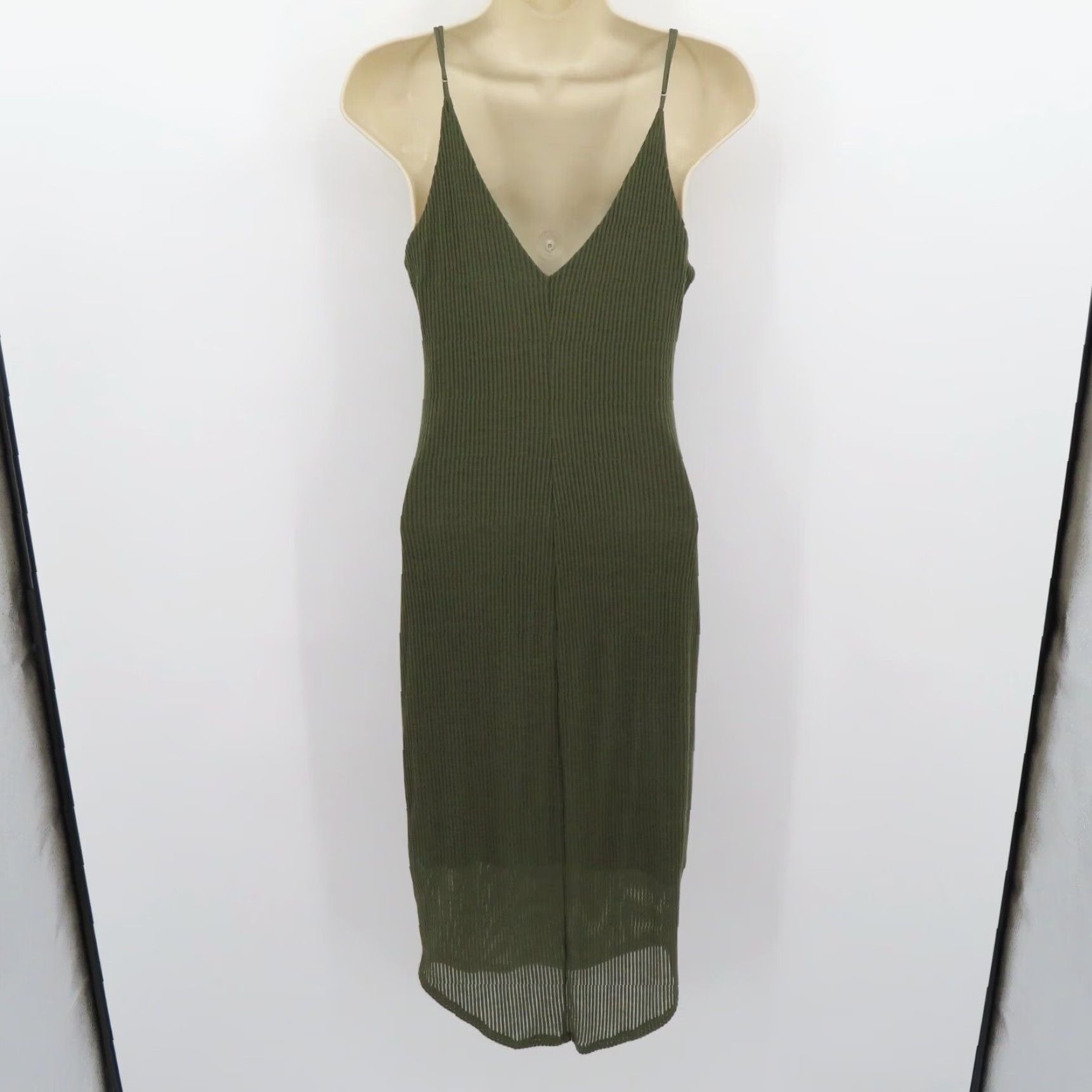 Express Express Womens Medium Green Ribbed Stretch Spaghetti Strap V Neck Midi Dress Size M / US 6-8 / IT 42-44 - 3 Thumbnail