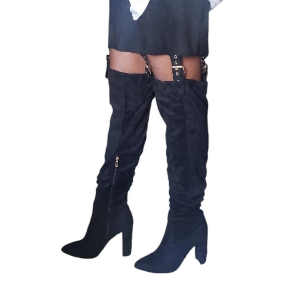Designer Detogni Black Faux Suede Thigh High Boots Size 8 Size US 8 / IT 38 - 2 Thumbnail