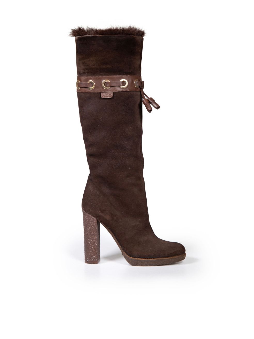 image of Gucci Brown Suede Fur Lined Tassels Accent Boots, Women's (Size 7)