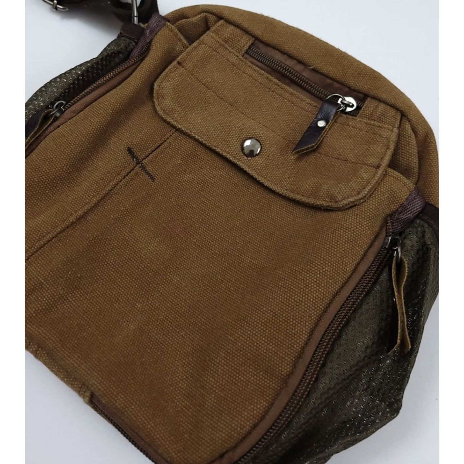 Vintage VINTAGE Canvas Shoulder Bag Crossbody 90s Travel Multi Pocket Brown Mens Vintage Bag Adjustable Strap Size ONE SIZE - 2 Thumbnail