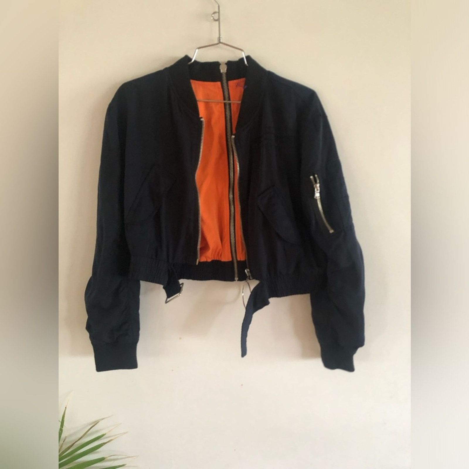 NBDN Nobrandedon Black crop bomber jacket. With back zip design and orange Size S / US 4 / IT 40 - 1 Thumbnail