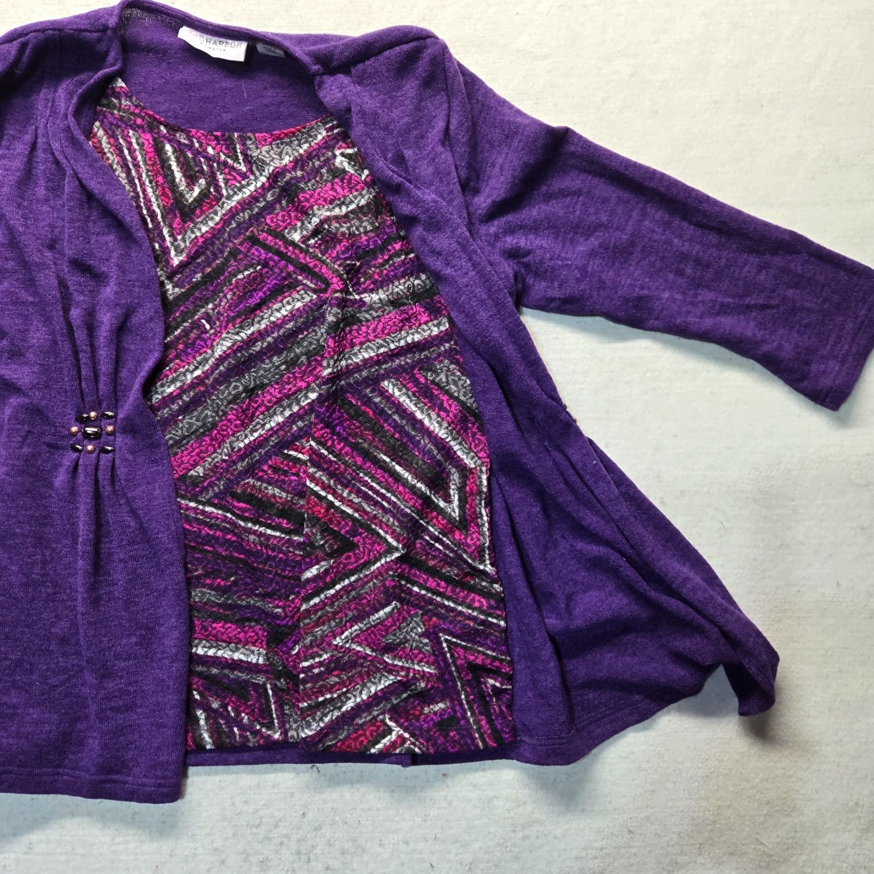 Vintage Sag Harbor Cardigan Sweater Shirt Adult Women L Purple Satin Buttons Pockets Tight Knit Vintage No? Wait. Size L / US 10 / IT 46 - 3 Thumbnail
