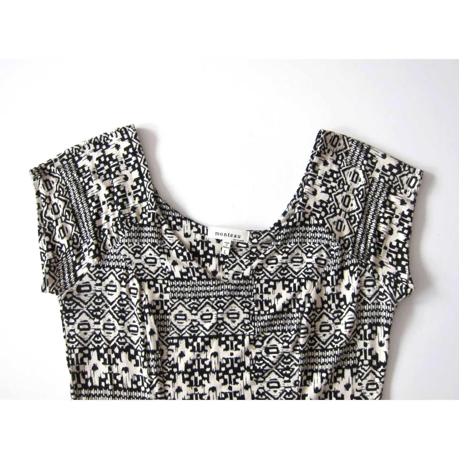 Vintage Monteau Black Ivory Batik Stretch V-Neck Short Sleeve Empire Dress Women Large Size 36" / US 14 / IT 50 - 3 Thumbnail