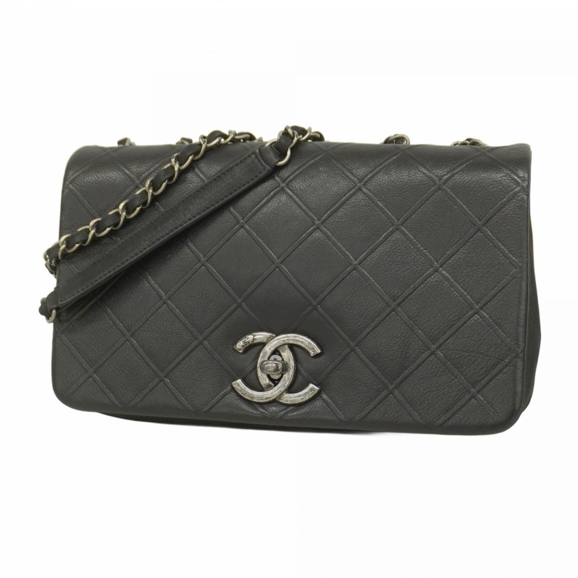 Chanel Shoulder Bag W Chain Leather Black Women's