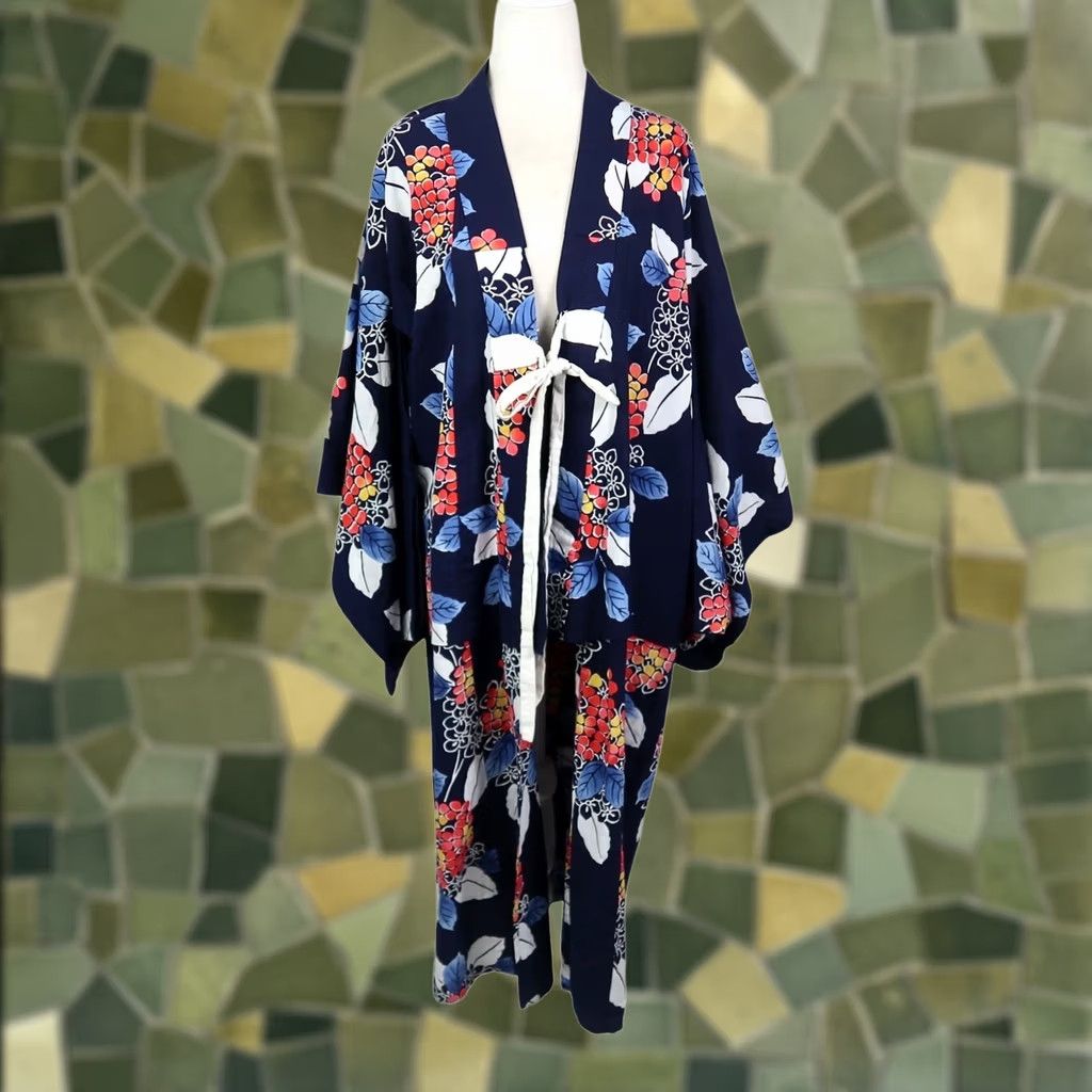 Vintage VINTAGE Navy Blue Floral Cotton Kimono Robe Duster Women One Size Bohemian Size ONE SIZE - 1 Thumbnail