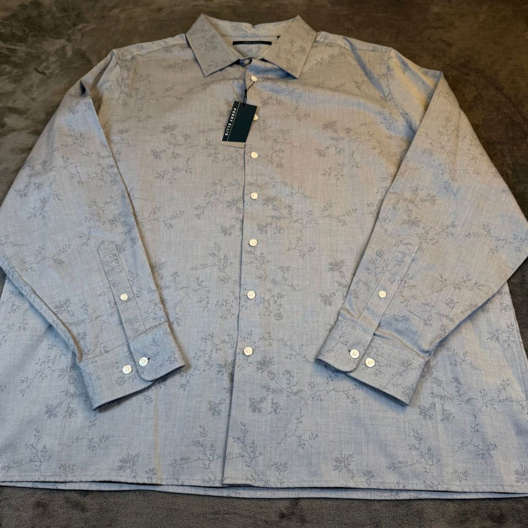 Perry Ellis Perry Ellis Mens Big & Tall 2X Blue Grey Floral Vine Cotton Button-Down Shirt NWT Size US XXL / EU 58 / 5 - 3 Thumbnail