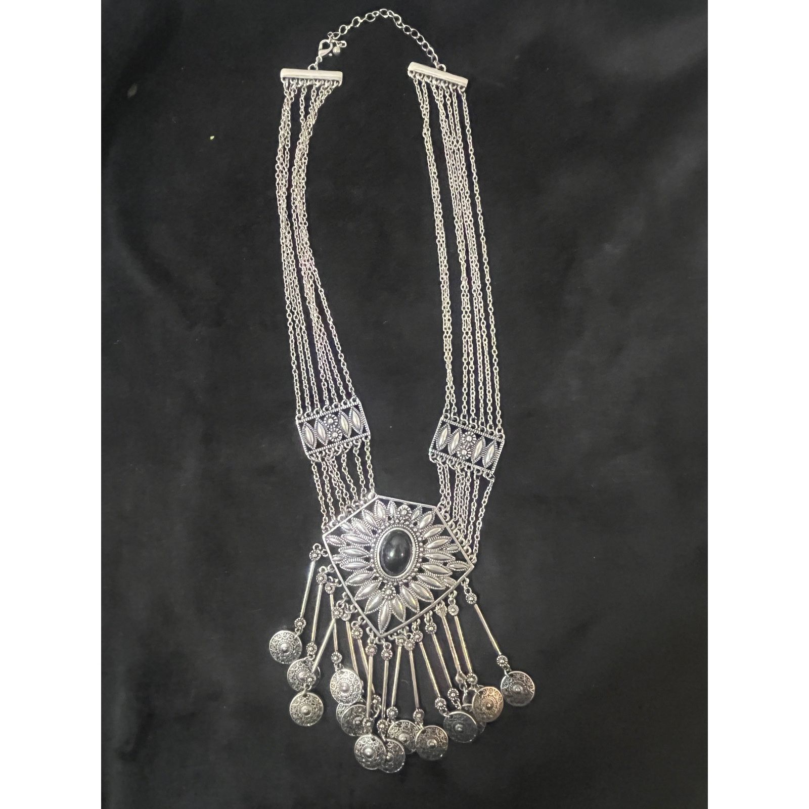 Other Vintage Silver Beaded and Faux Black Onyx Bib Necklace Size ONE SIZE - 5 Thumbnail