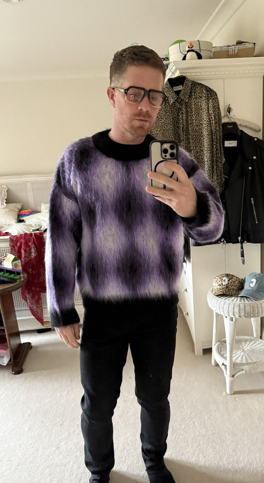 Celine $1.4k FW22 Celine argyle mohair blend fuzzy sweater M Hedi Size US M / EU 48-50 / 2 - 2 Thumbnail