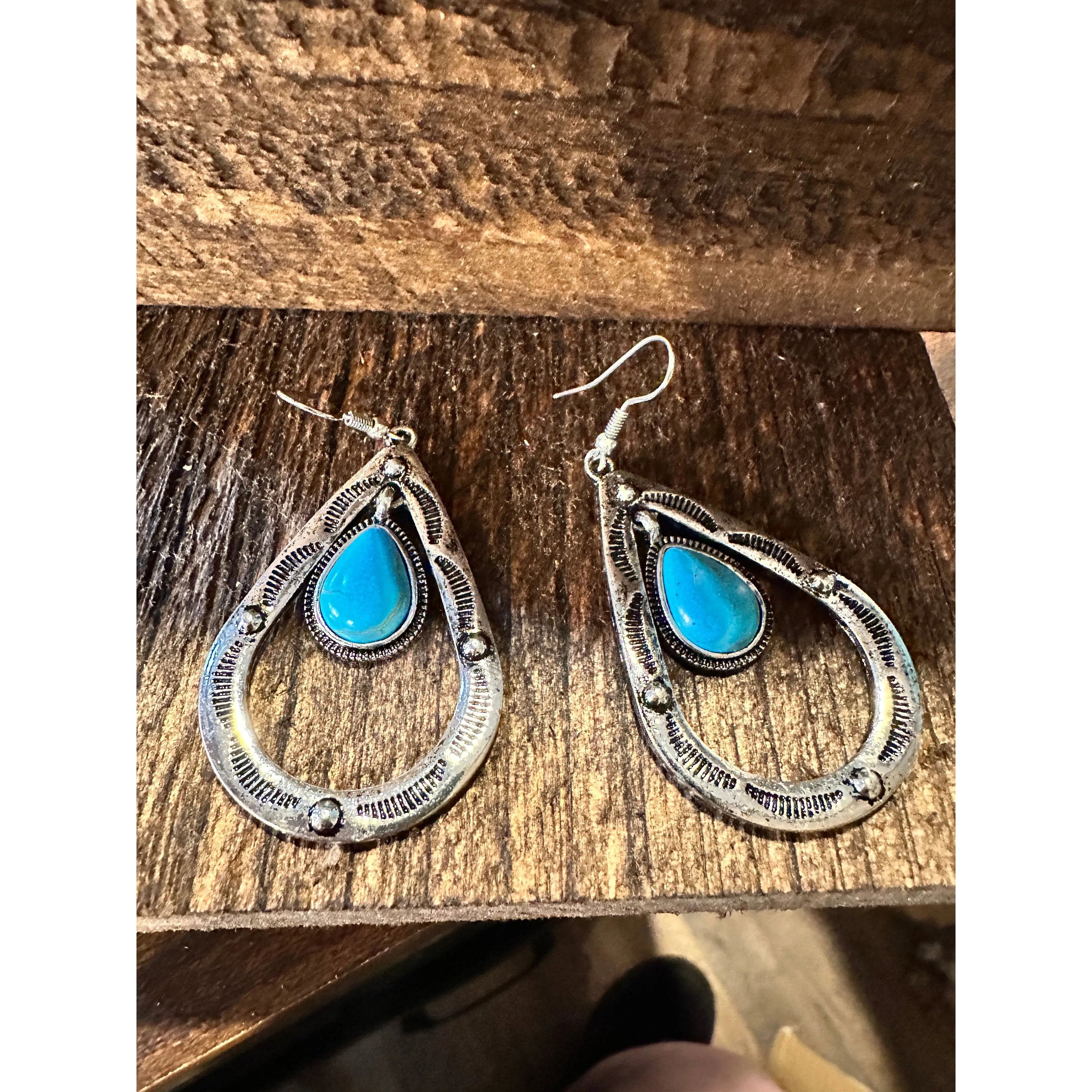 Other Boho Hippie Cowgirl Western Stamped Turquoise Teardrop Silve Size ONE SIZE - 8 Thumbnail