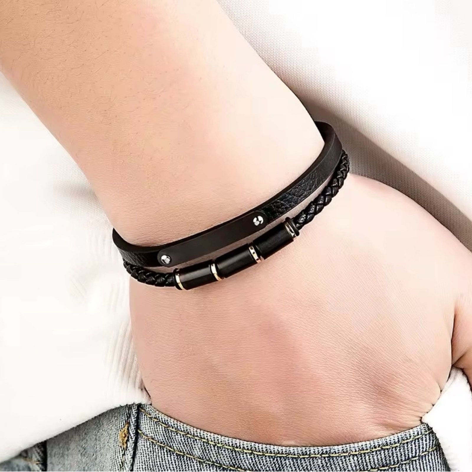 Other Men Double Layer Leather Bracelet Stainless Steel 8” Size ONE SIZE - 2 Thumbnail