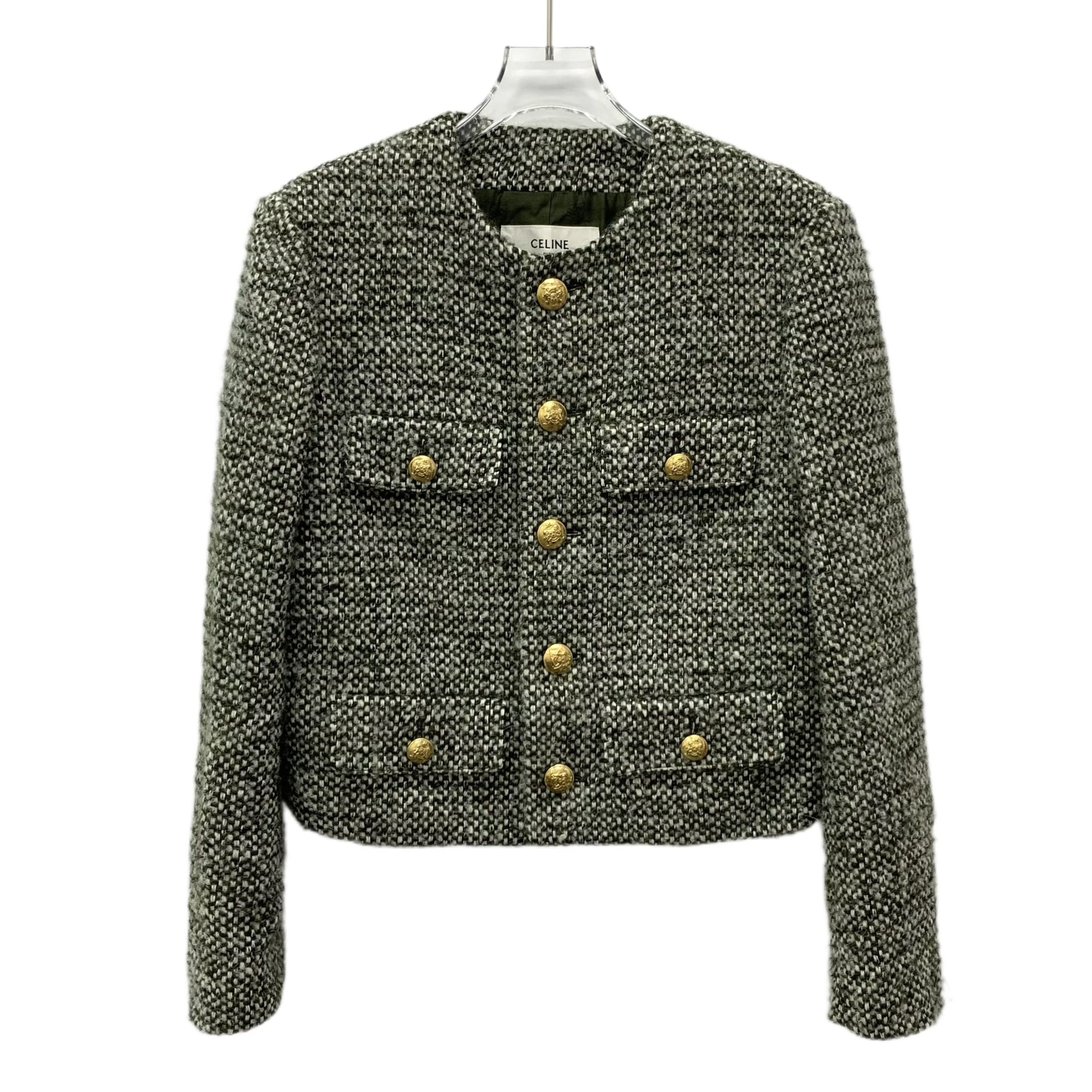 Celine Celine Jacket Wool Military Green Tweed Button-Up (Size XXS) Size XXS / US 00 / IT 34 - 1 Thumbnail