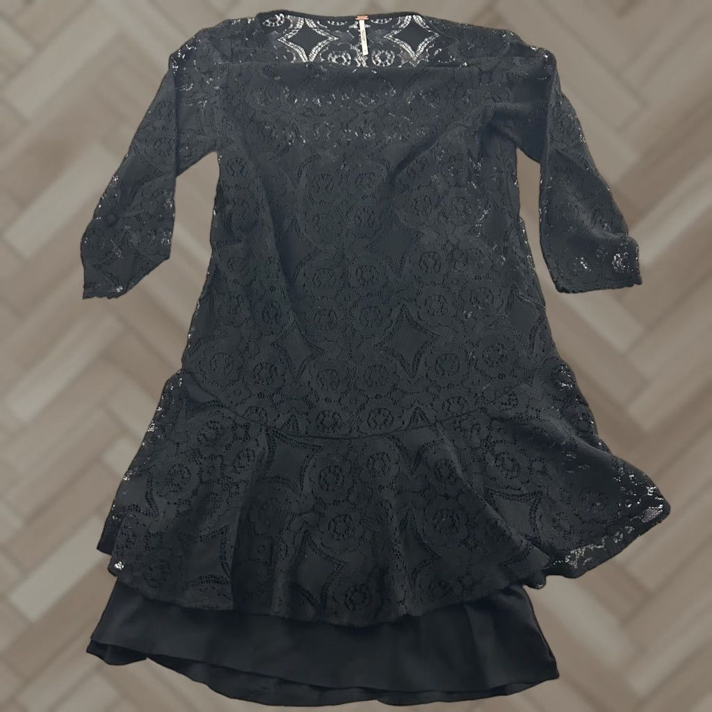 Free People Dress 3/4 Sleeve Lace Ruffle Knee Length Black Women\'s 6