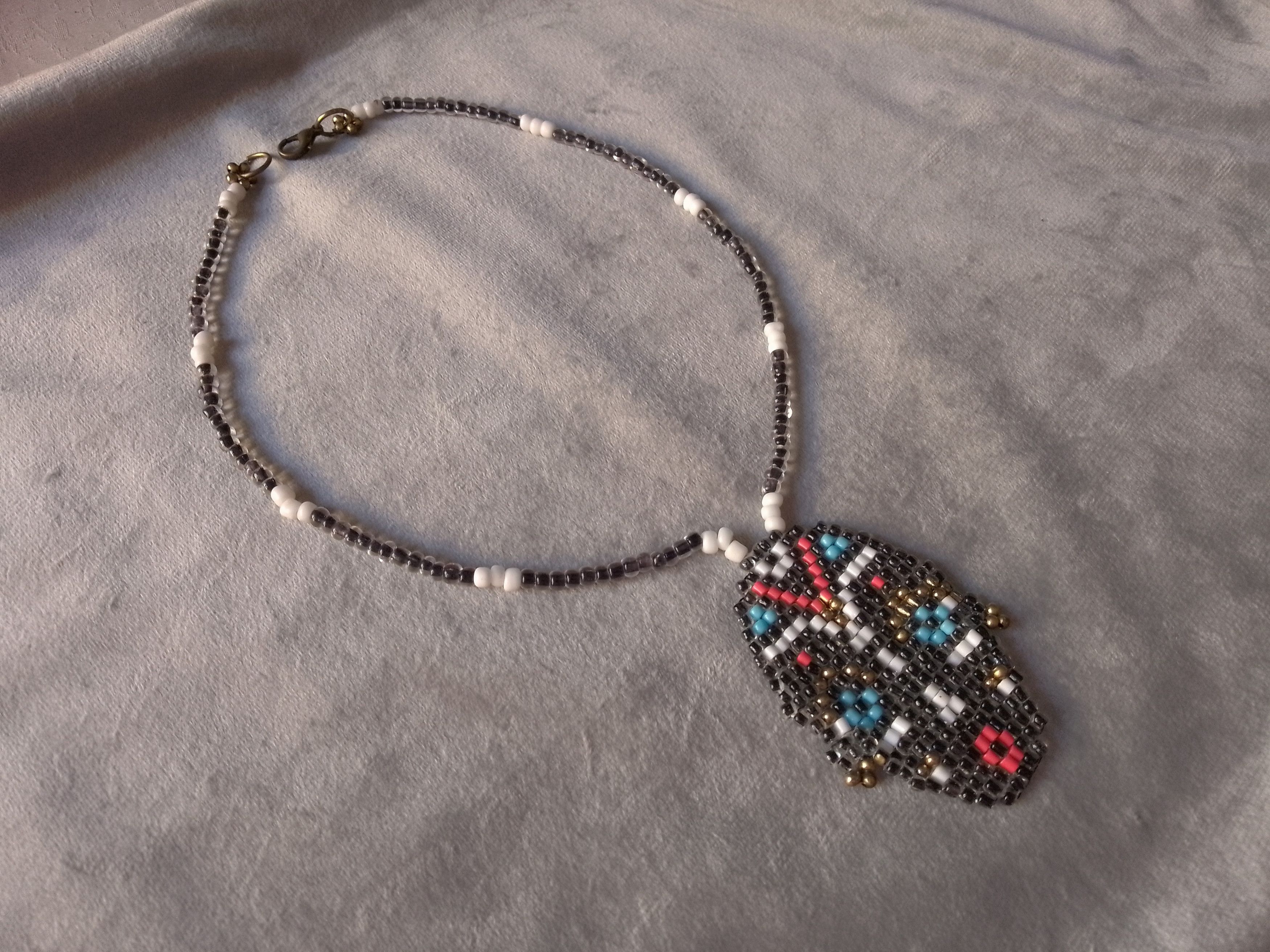 Handmade Black beaded necklace Tribal woman face pendant Size ONE SIZE - 4 Thumbnail