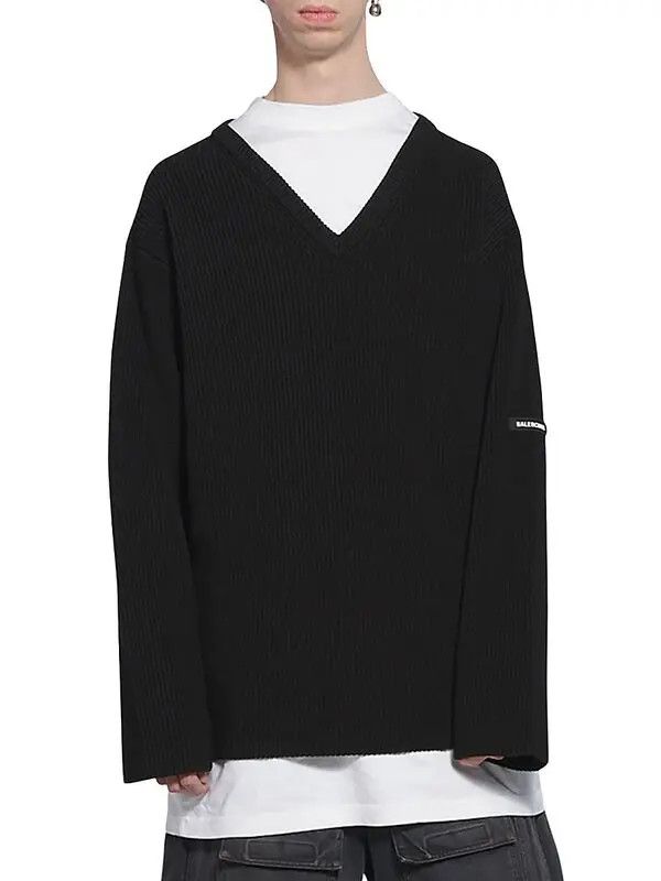 Balenciaga o1in1g1024 Layered T-Shirt V-Neck Sweater in Black/White Size US S / EU 44-46 / 1 - 3 Thumbnail