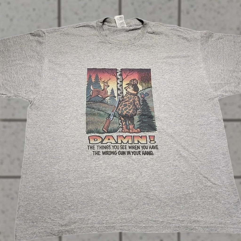 Fruit Of The Loom VINTAGE Deer Hunting T Shirt Comedy Art Work 1995 Allentown,PA Men's Size XL Gray Short Sleeve Crew Neck Cotton Size US XL / EU 56 / 4 - 1 Thumbnail