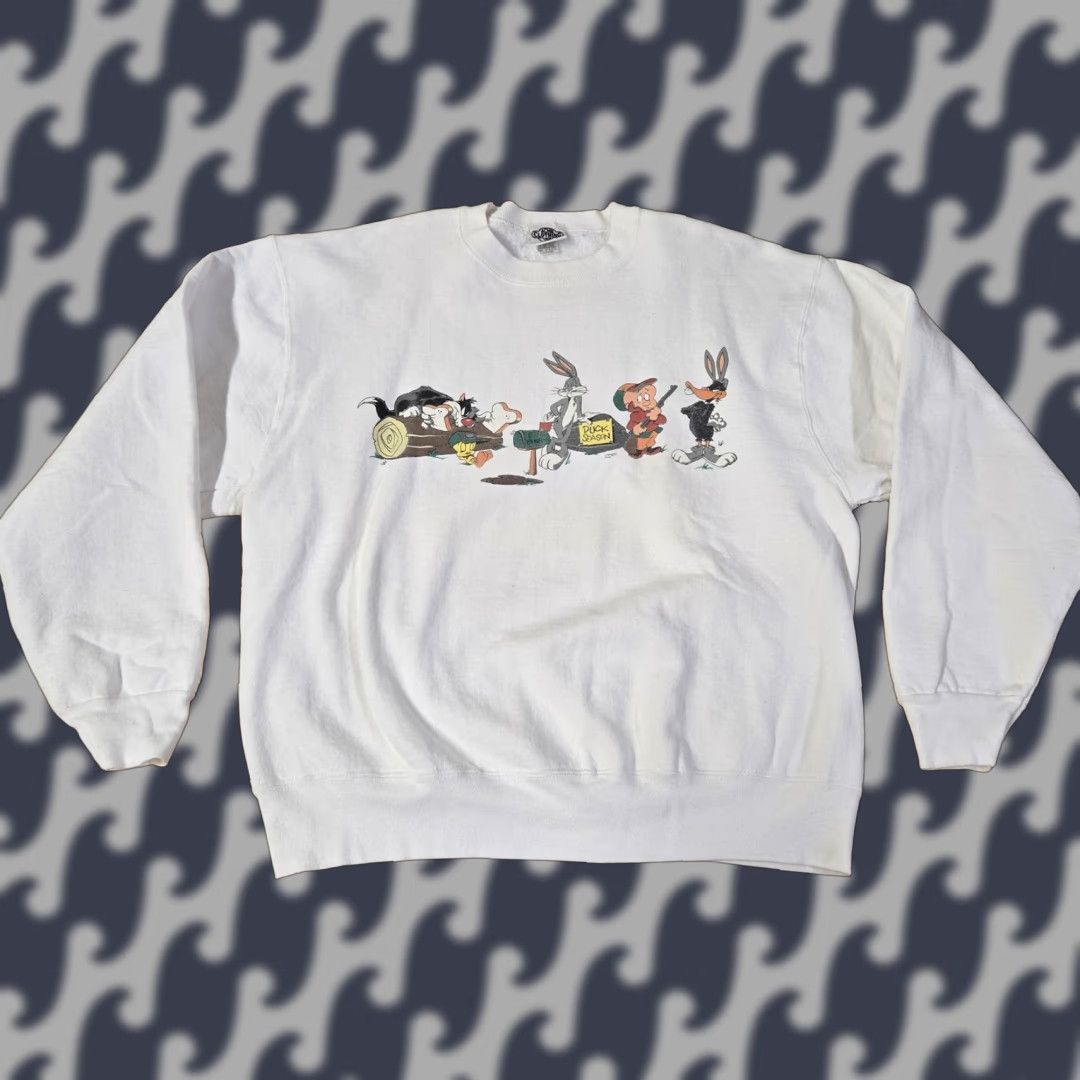 VINTAGE Looney Tunes Sweatshirt Mens Large White Crewneck Made USA Two Sided 90s