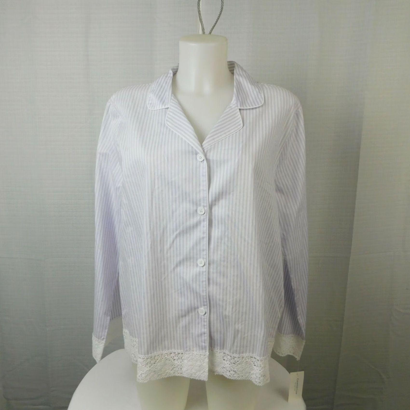Charter Club Charter Club Pajama Top Notch Collar Lace Trim Cotton Lavender Stripe 2XL Womens Strap Long Sleeve Buttoned Knit Mockneck? Size XXL / US 16-18 / IT 52-54 - 2 Thumbnail