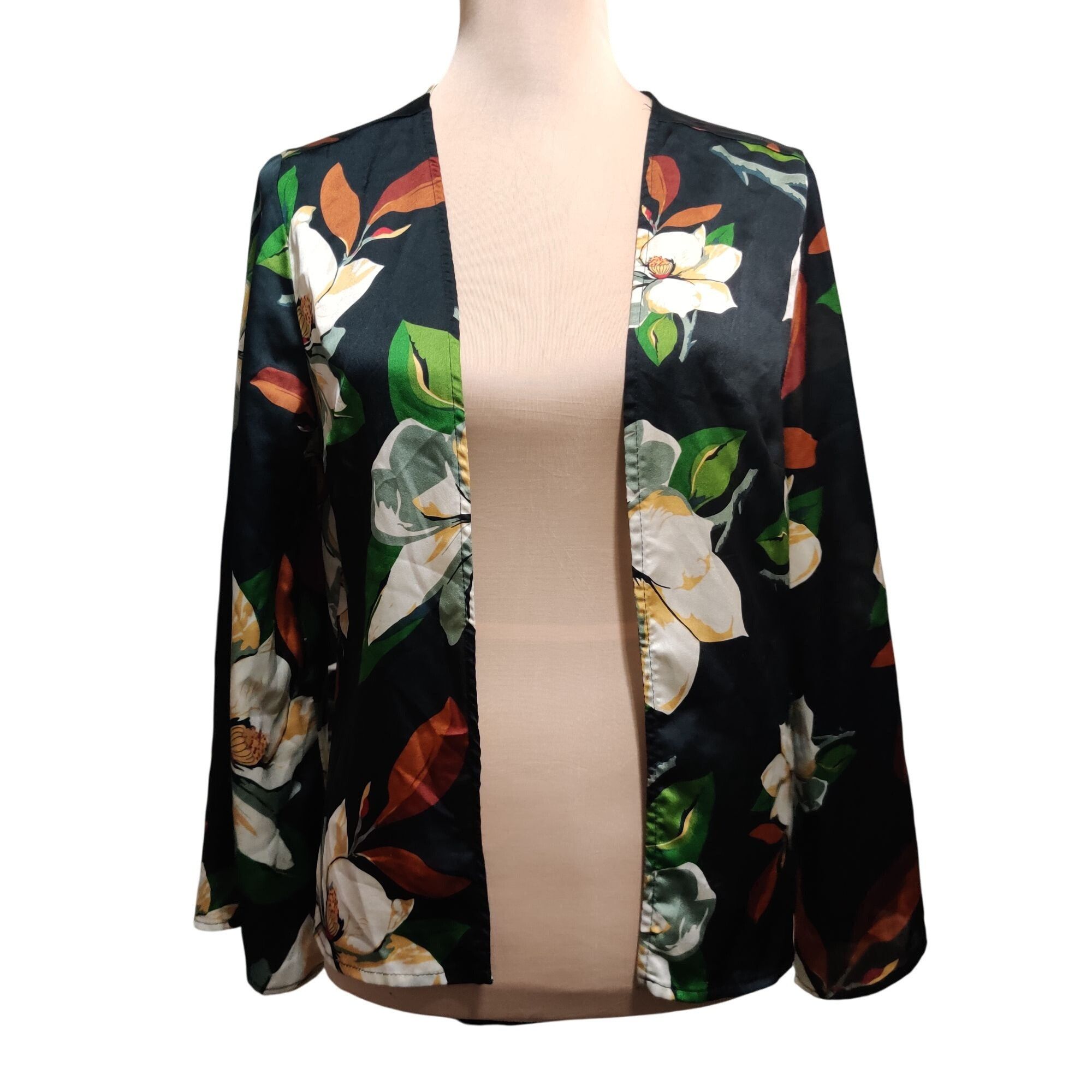 Boohoo Boohoo M/L Black Floral Kimono Open Front Lightweight Jacket Size M / US 6-8 / IT 42-44 - 1 Thumbnail