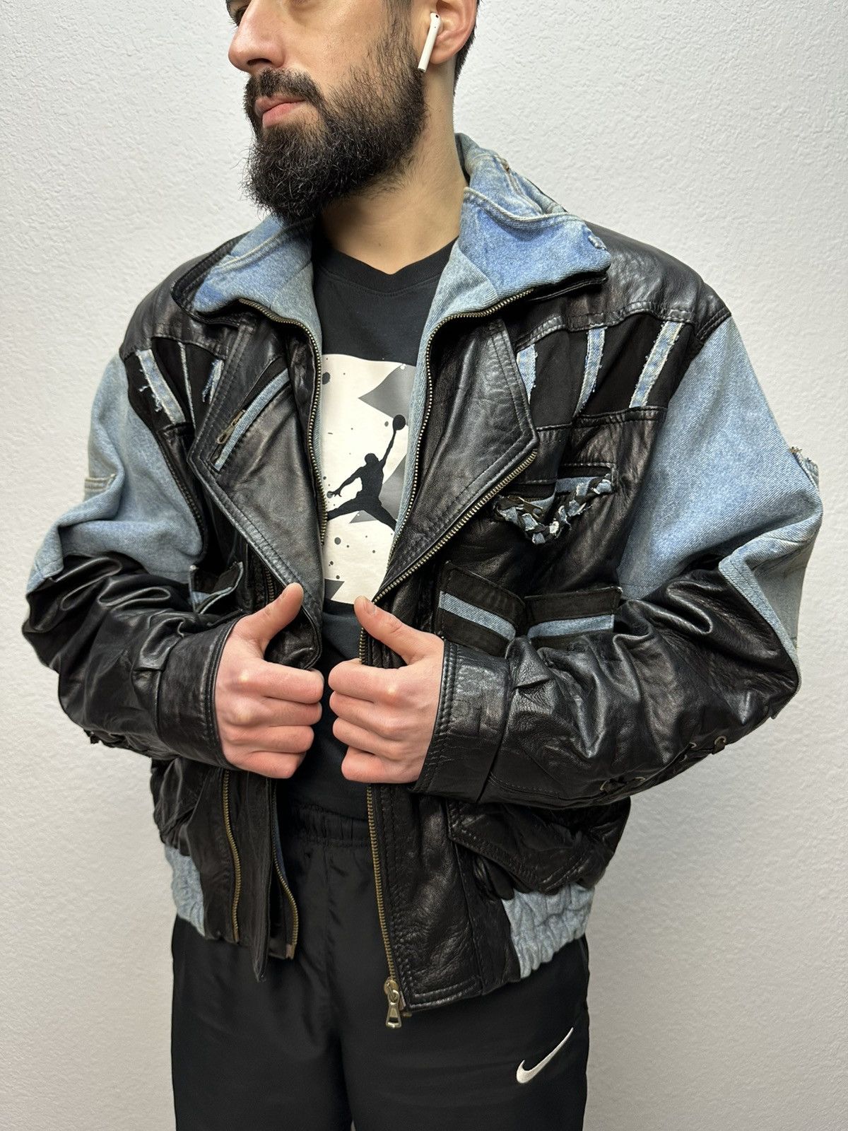 Vintage Vintage Junya Watanabe Style Leather Denim Jacket Rick Owens Size US L / EU 52-54 / 3 - 1 Thumbnail