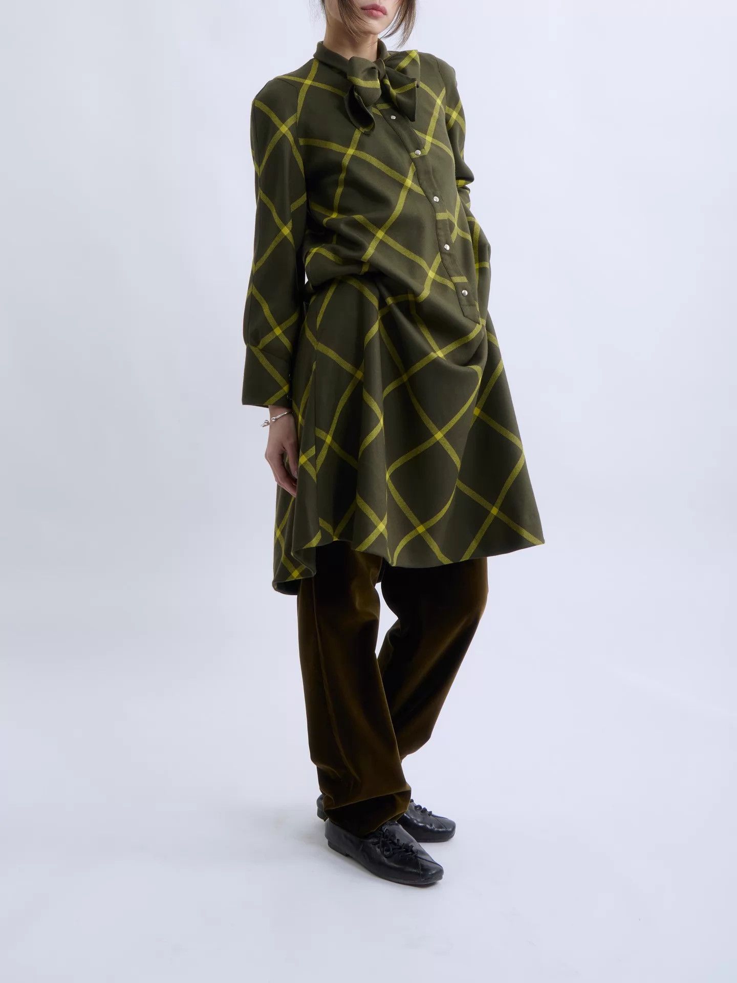 Thierry Mugler Thierry Mugler 80s-90s Yellow-Green Check Bow Dress Size XXL / US 16-18 / IT 52-54 - 5 Thumbnail