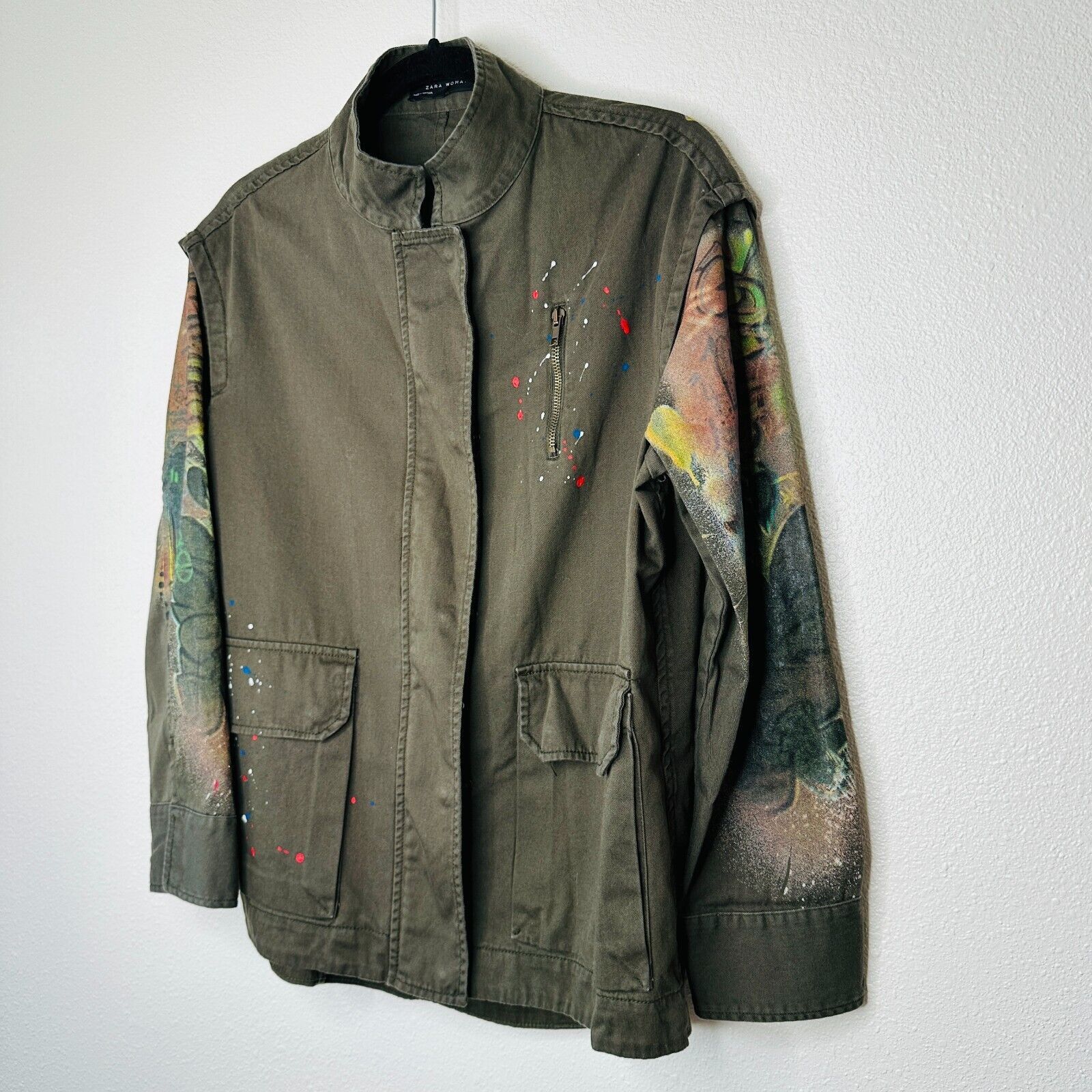 Zara Zara Army Green Grafitti New York Jungle Zip Utility Jacket Size XS / US 0-2 / IT 36-38 - 6 Thumbnail