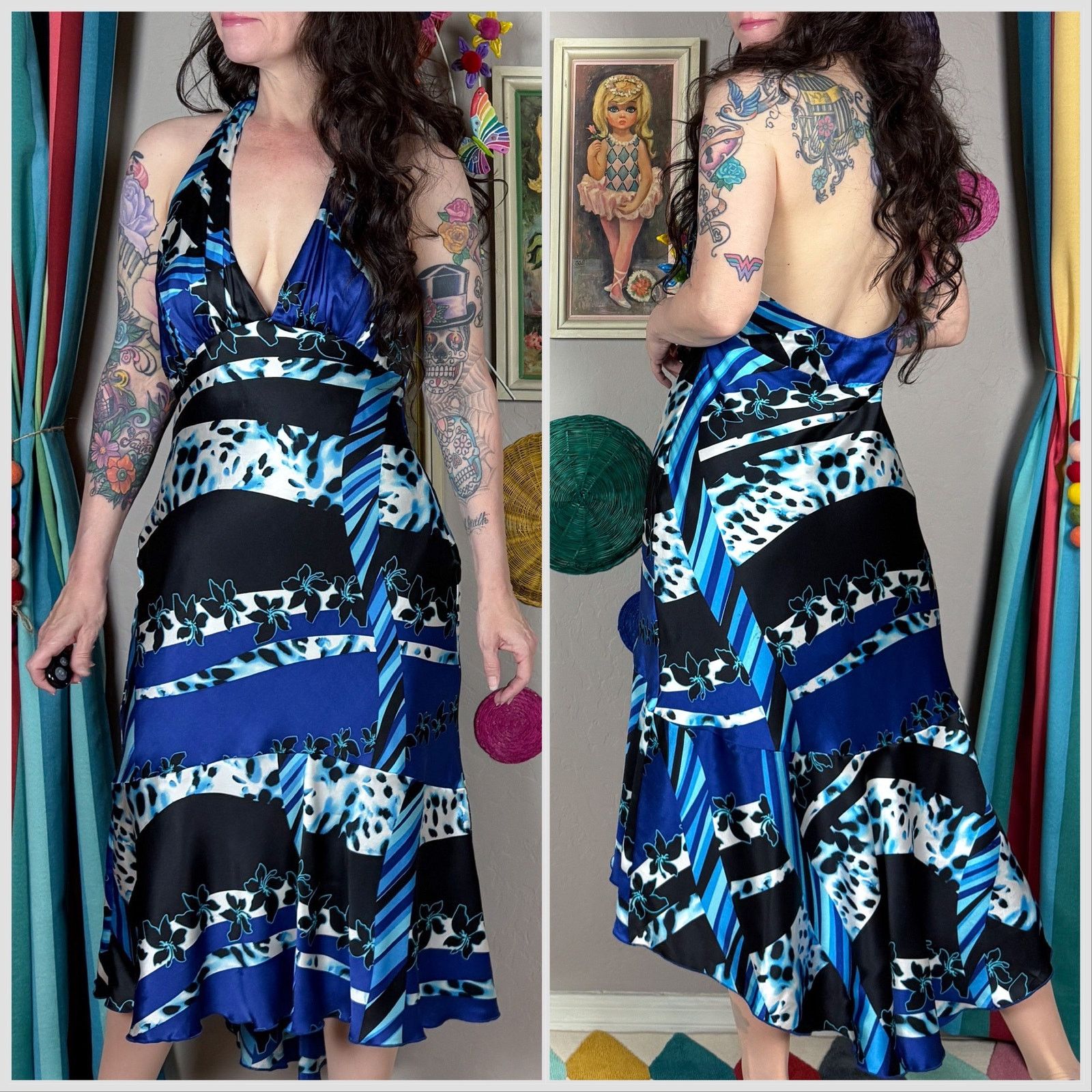 Vintage 1990s Blue & Black Abstract Print Silk Backless Halter Dress Size M / US 6-8 / IT 42-44 - 3 Thumbnail