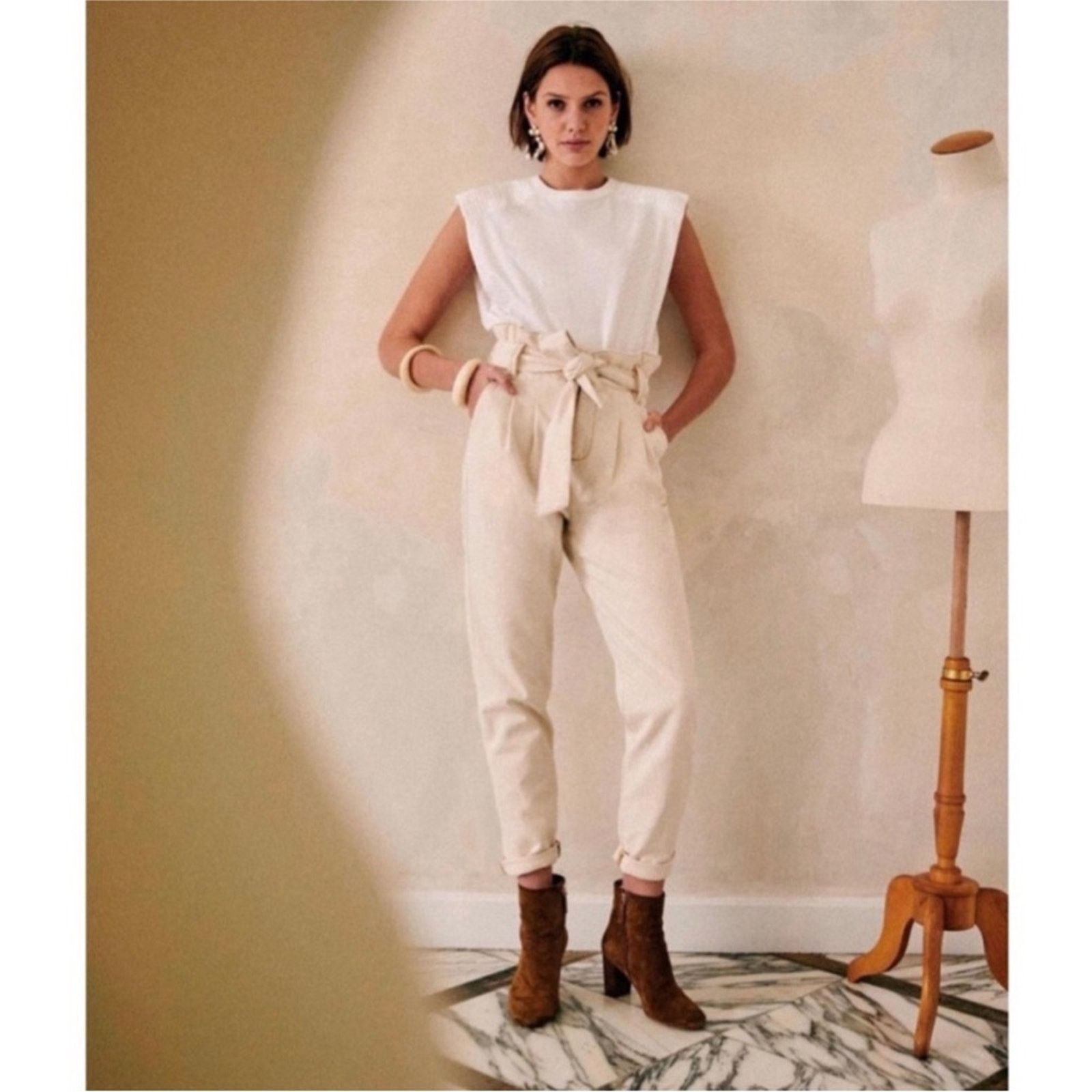 Sezane Sezane Austin Trousers High Waisted Tie Ankle Pants Sz 38 Size 31" - 1 Thumbnail