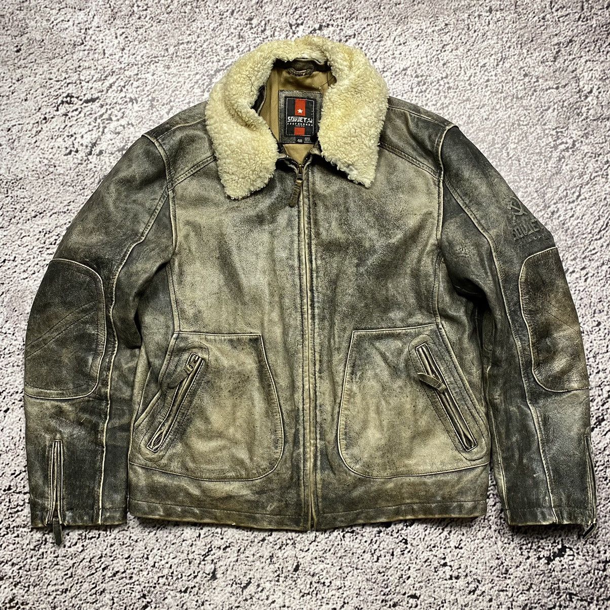 image of Washed Bomber Ussr Leather Jacket in Brown, Men's (Size Medium)