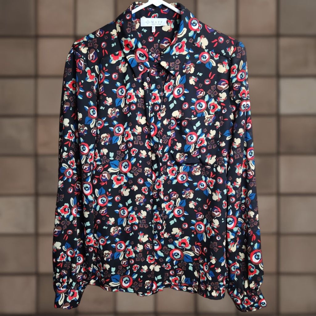 Vintage WAYF Womens Black Floral Collared Buttonfront Blouse-Size M Size M / US 6-8 / IT 42-44 - 1 Thumbnail