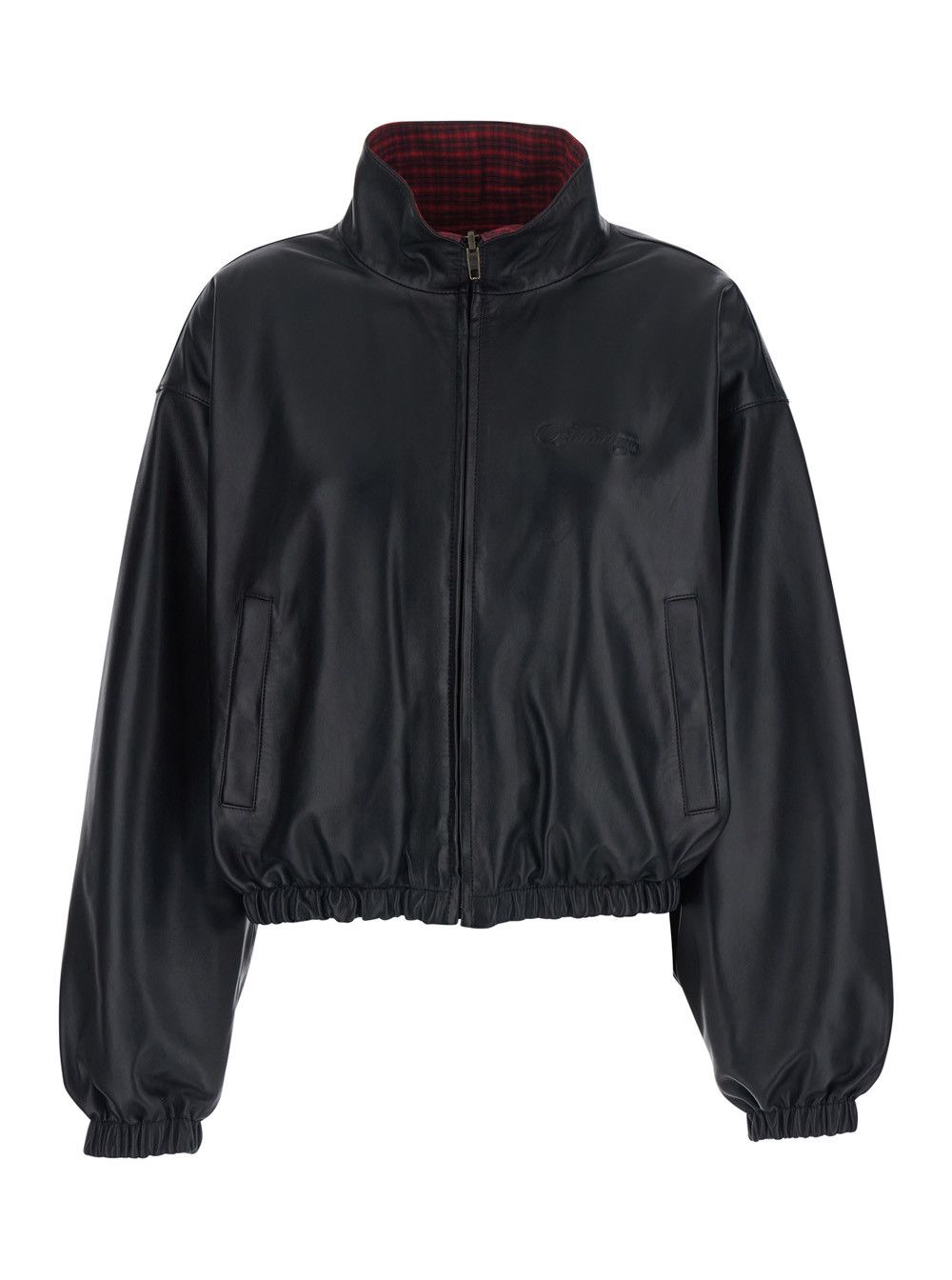 Balenciaga Black Leather Jacket with Logo on the Front and High Collar for Women Size S / US 4 / IT 40 - 1 Thumbnail